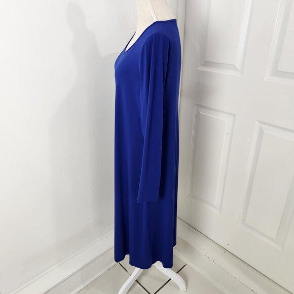 Eileen Fisher Dress Womens L Blue Midi Jersey Knit Keyhole Neck Minimalist - Picture 3 of 14